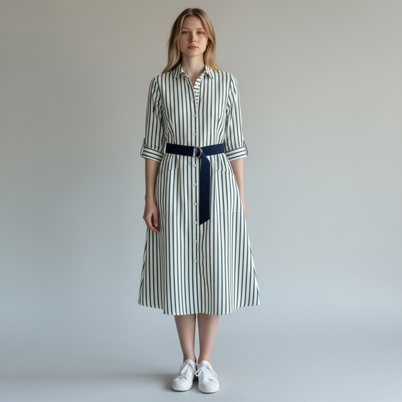 Yessica Navy & White Striped Fit & Flare Shirt Dress – Size 40 (US 8) - Picture 2 of 9